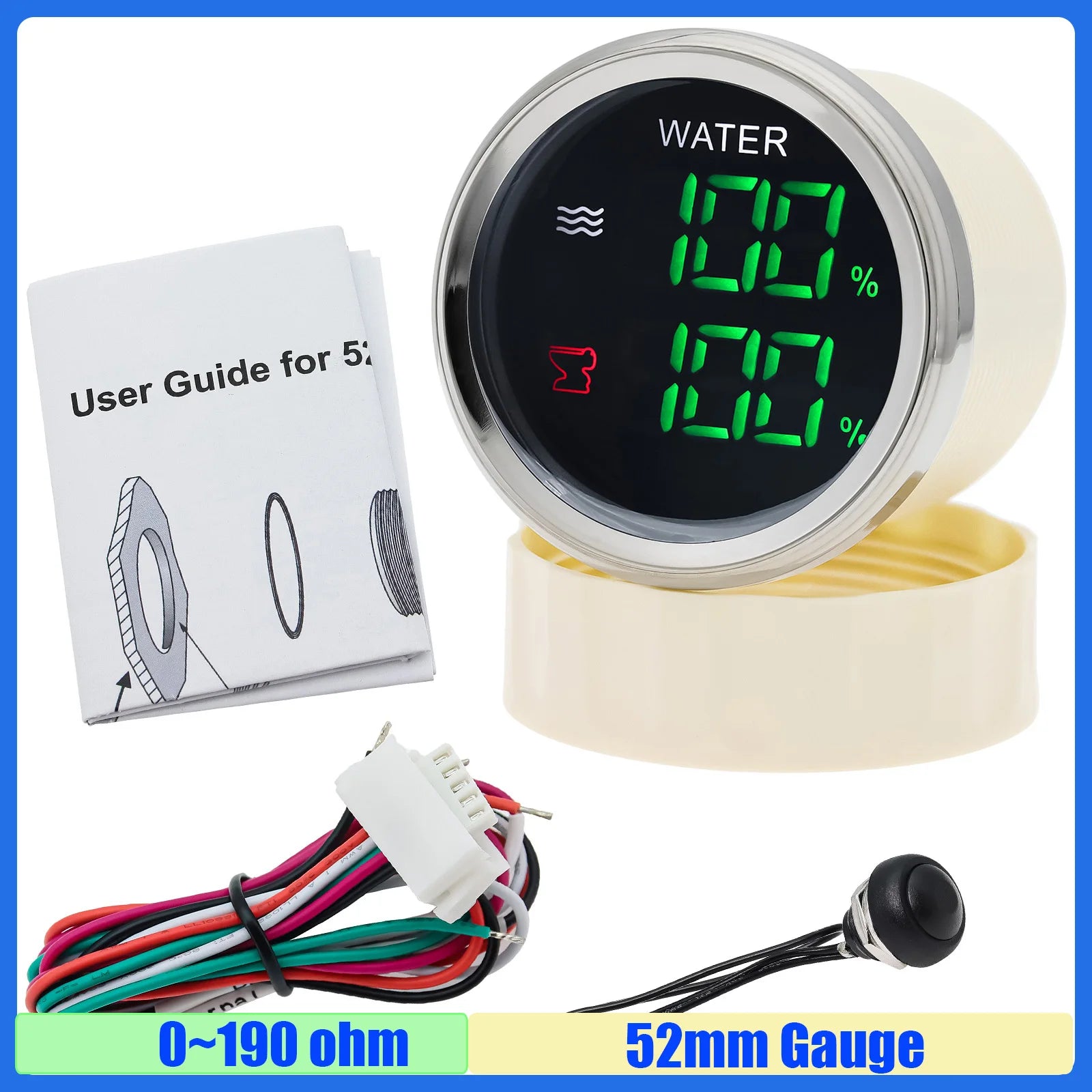 Green LED Digital 2 IN 1 52mm Gauge with Alarm | Water Level and Sewage Level Meter additional angle