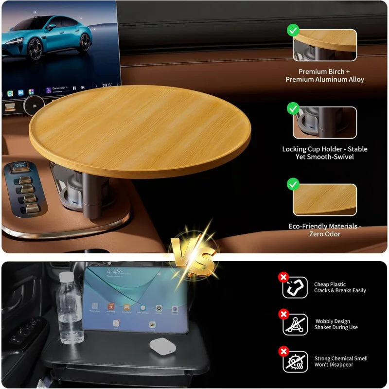 Steering wheel tray and car table - 360° Rotating Wooden Cup Holder Table,With car tray, detail view