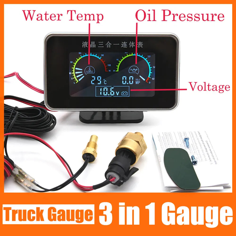Universal 3 in 1 Digital Truck Car Gauge | Water Temp Oil Pressure Voltmeter 12V