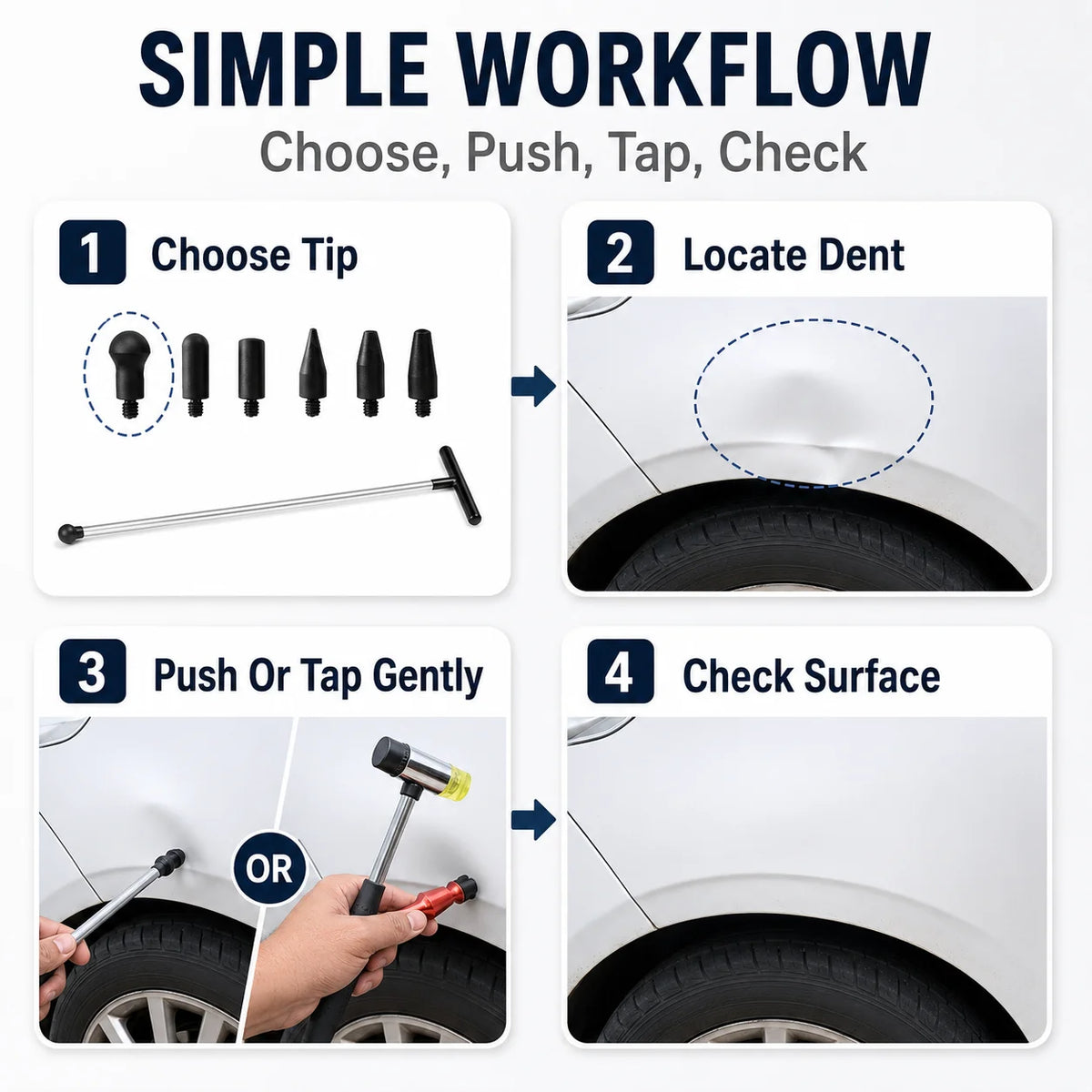 Auto Dent Repair Tool Kit for Shallow Car Body Dent Repair With T-Handle Rod, Rubber Mallet, Repair Tips And Wedge Tools For Garage And DIY Vehicle Maintenance