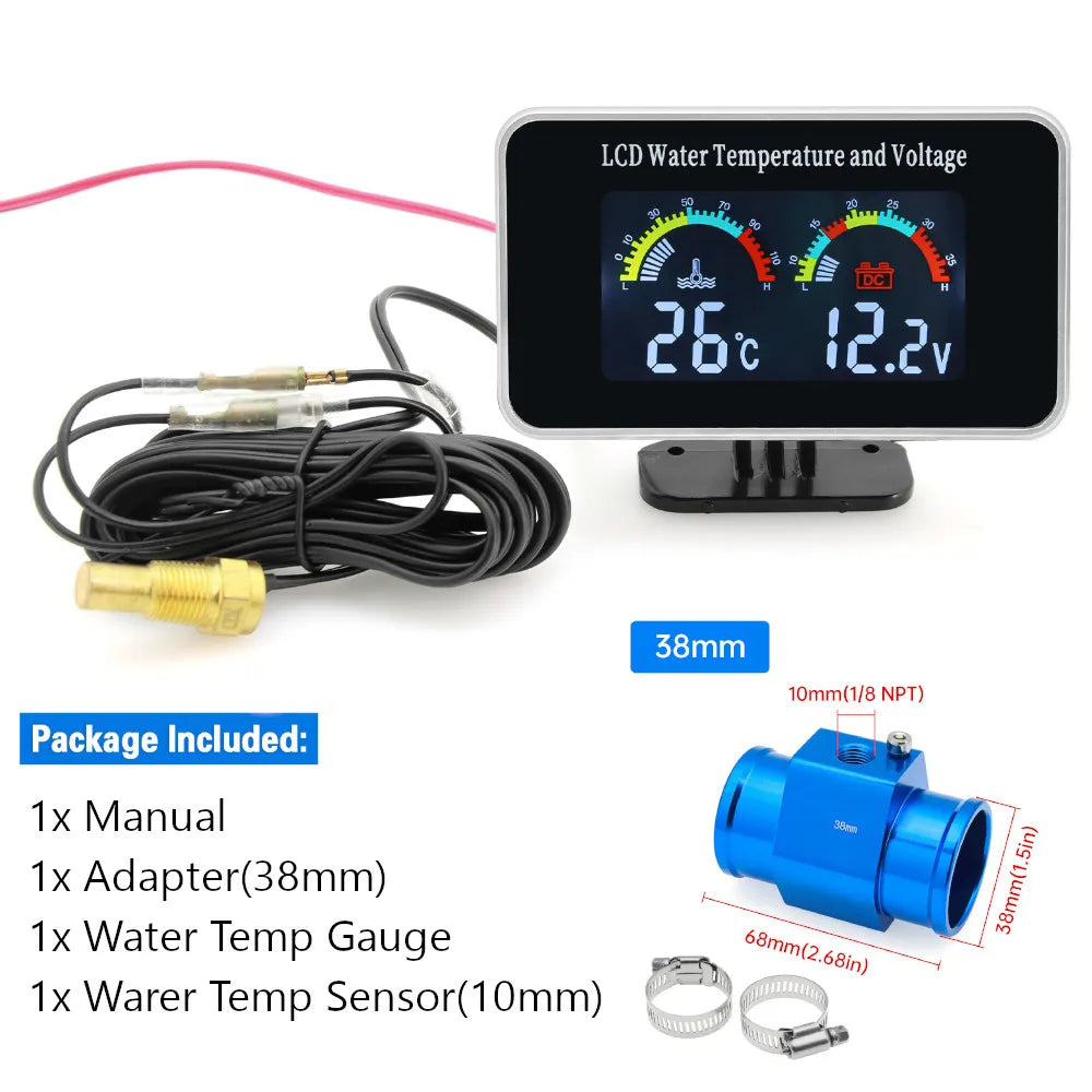 HD Car LCD Water Temperature Meter Thermometer Voltmeter Gauge 2in1 Temp&Voltage Meter 10mm Sensor 26~40mm Adapter(Option)12V/24