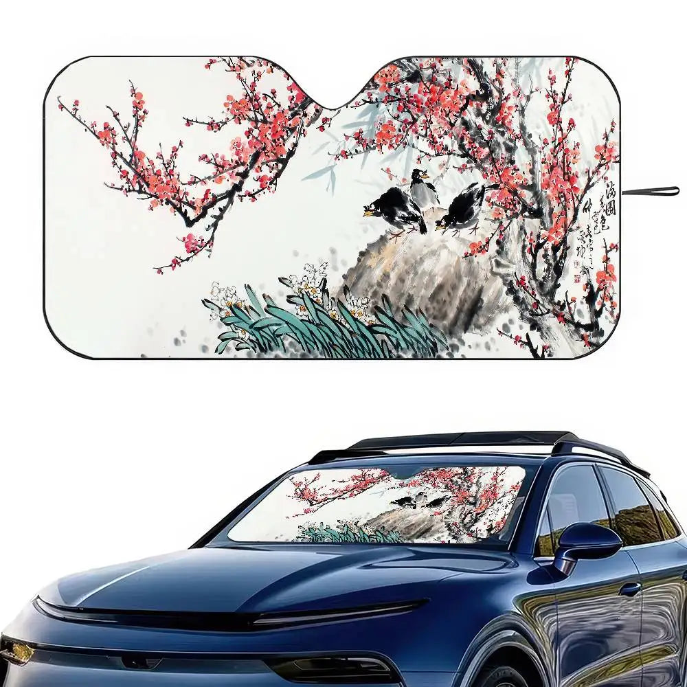 Chinese Plum Flower Sunshade Windscreen 3D Film Plaid Gift Novelty Car Front Window Viso detail view