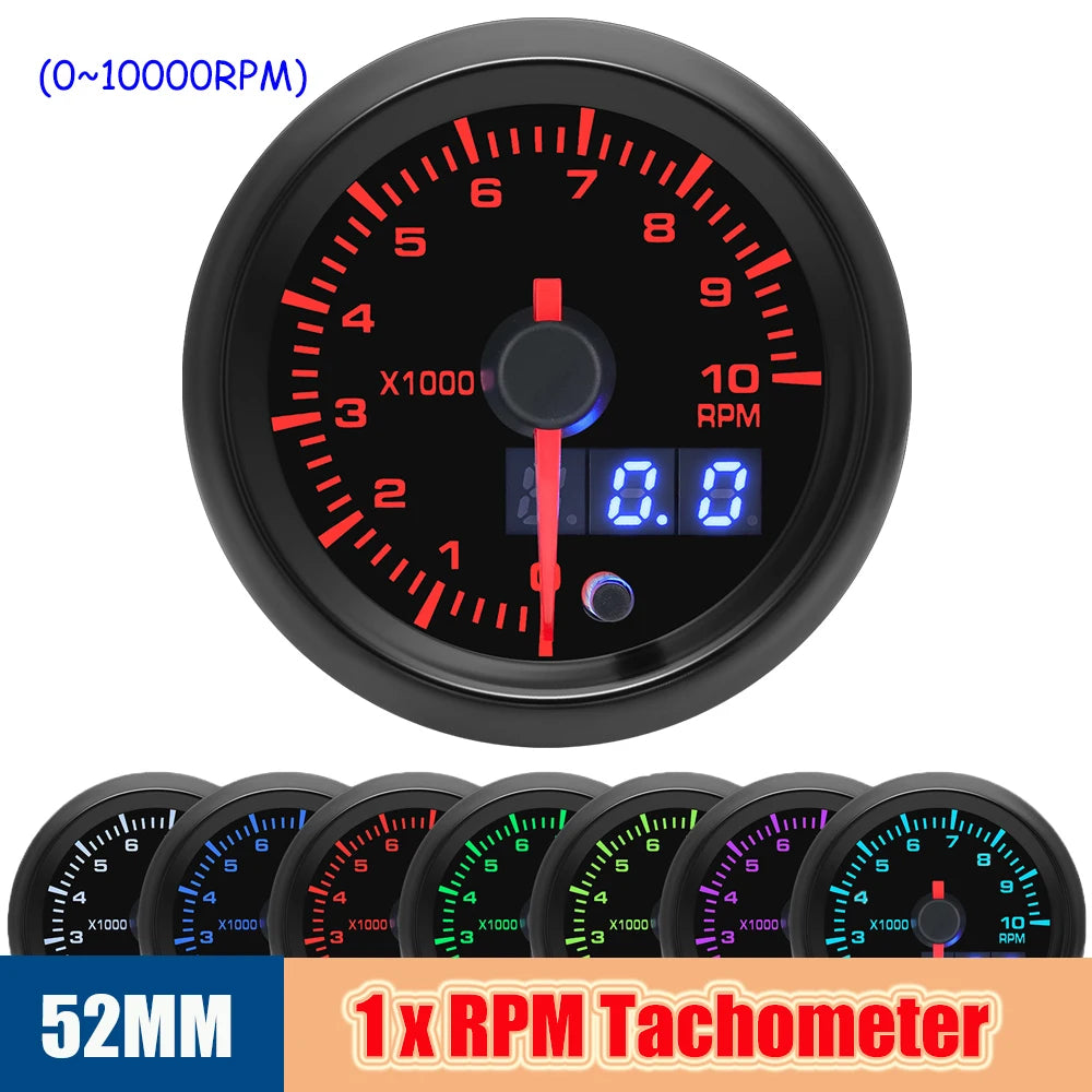 52MM 7-in-1 Car Gauge Set | LED Dual Display with Sensors for 12V Gasoline Vehicles close-up view