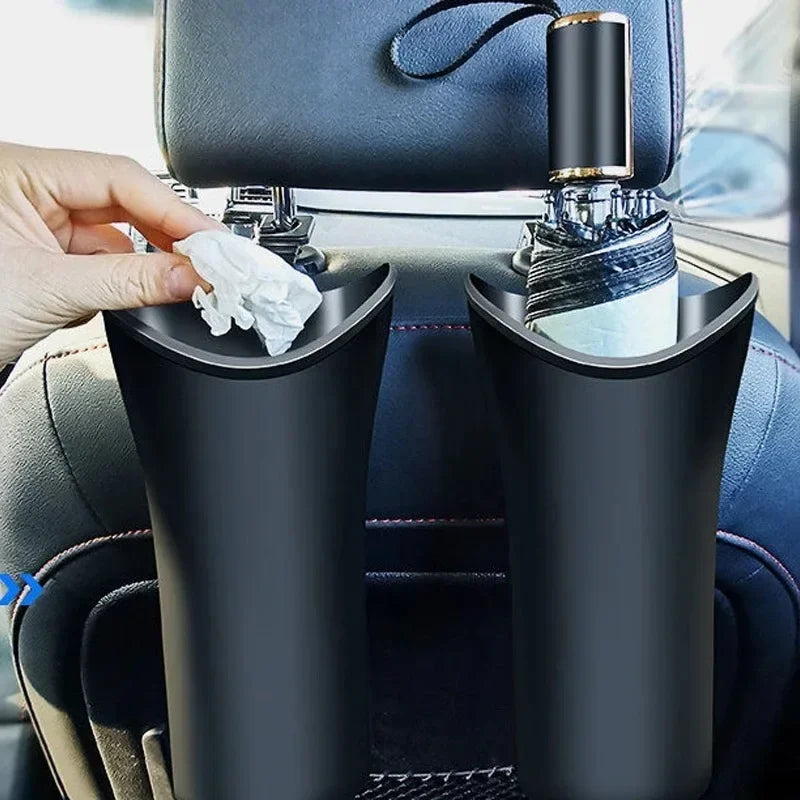 Black Plastic Car Trash Can with Hook for Umbrellas and Bottles close-up view