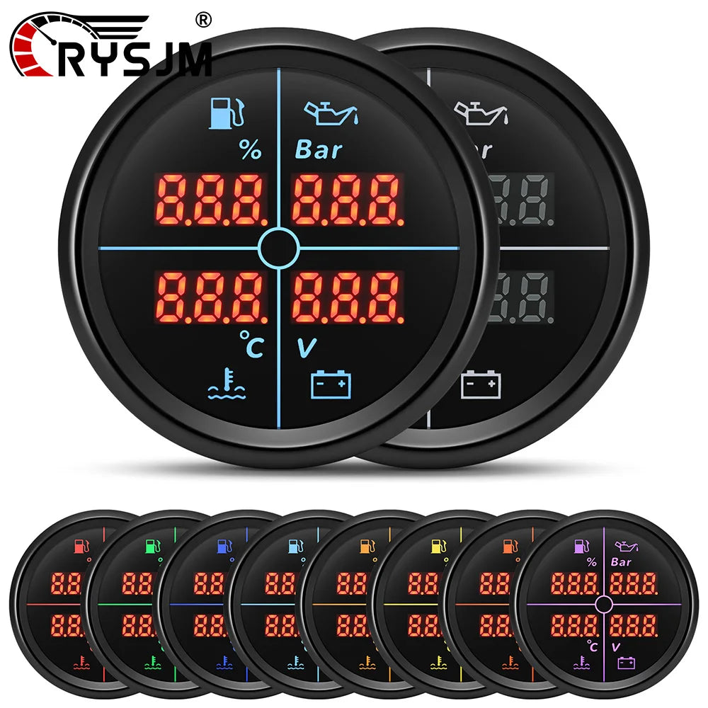 52mm 4 in 1 Multifunction Gauge | Fuel Level, Oil Pressure, Water Temp, and Voltmeter with 8 Color B