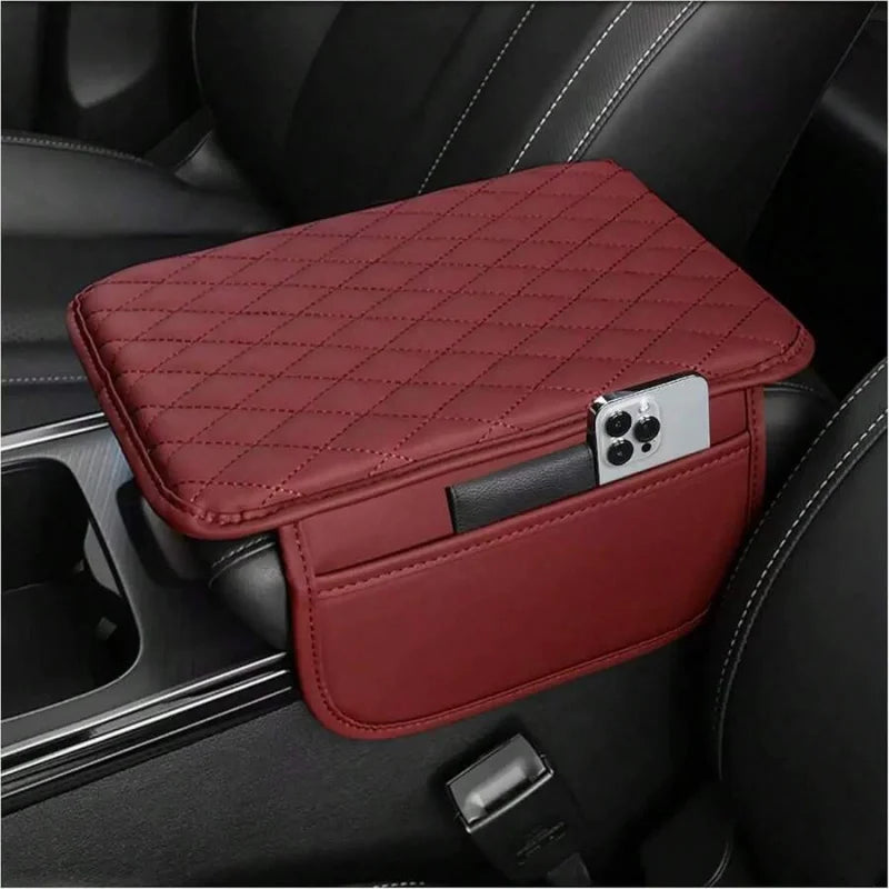 1pc Leather Car Center Console Armrest Cover Pad With 2 Storage Pockets, Universal Automotive Armrest Box Cushion