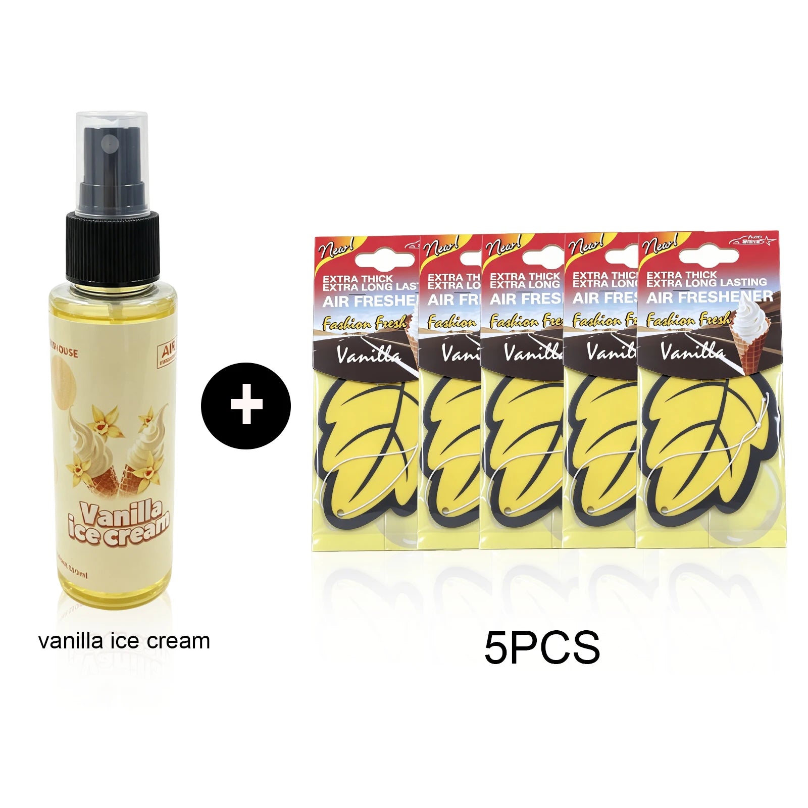 1+5 Vanilla Ice Cream Scent Air Freshener Bundle - 1 Spray + 5 Hanging Car Air Freshener Leaves, Odor Eliminator for Vehicle