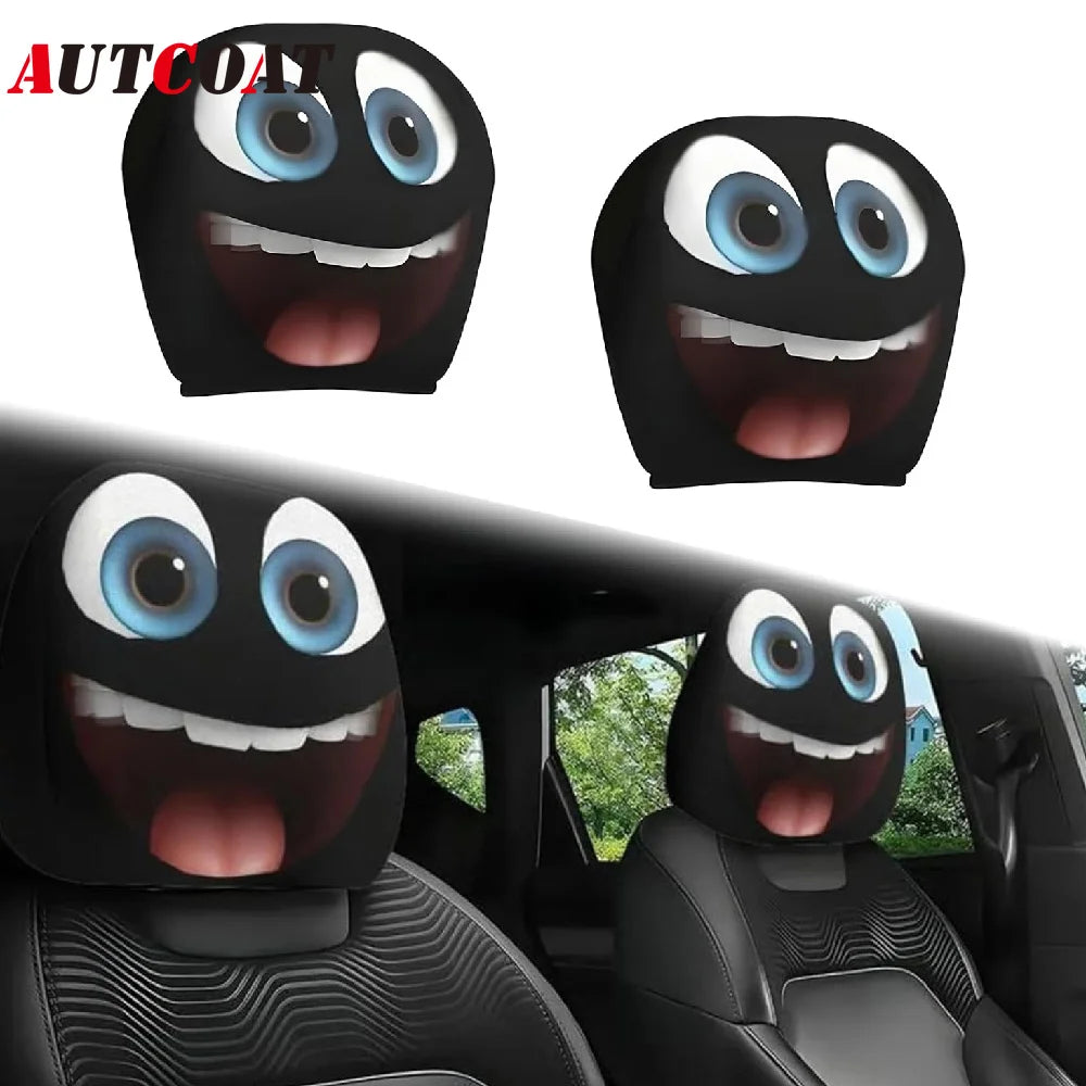 2PCS Generic Car Headrest Covers with Funny Smiley Face Design, Black Elastic Fabric, Universal Fit