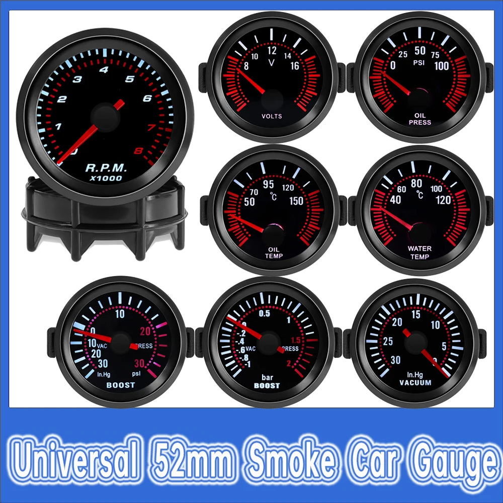 Universal 52mm Car Gauge Set | Tachometer Boost Oil Pressure Water Temp Voltmeter