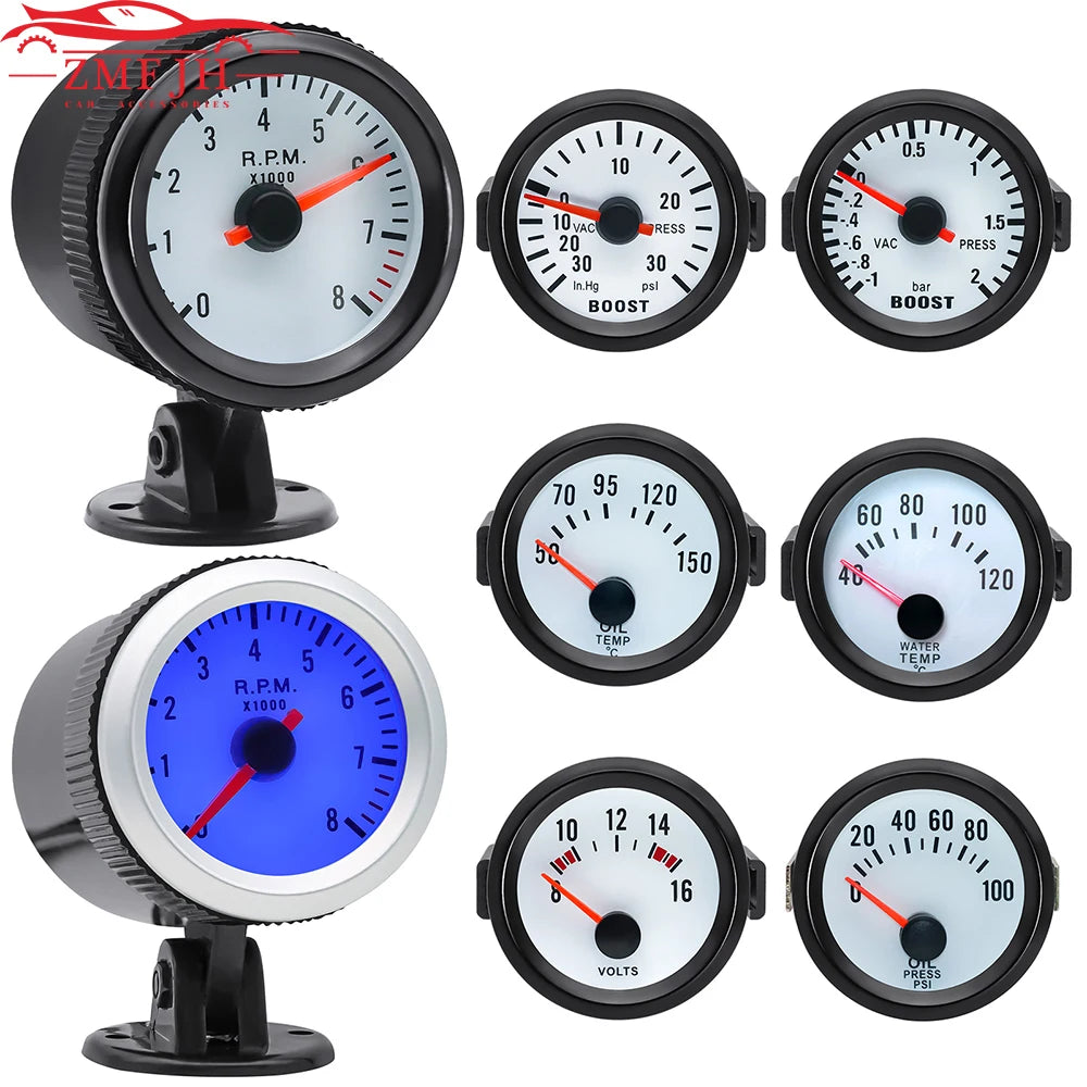 Car 52mm 6-in-1 Gauge Set | Turbo Boost Oil Pressure Water Temp Tachometer Voltmeter 12V