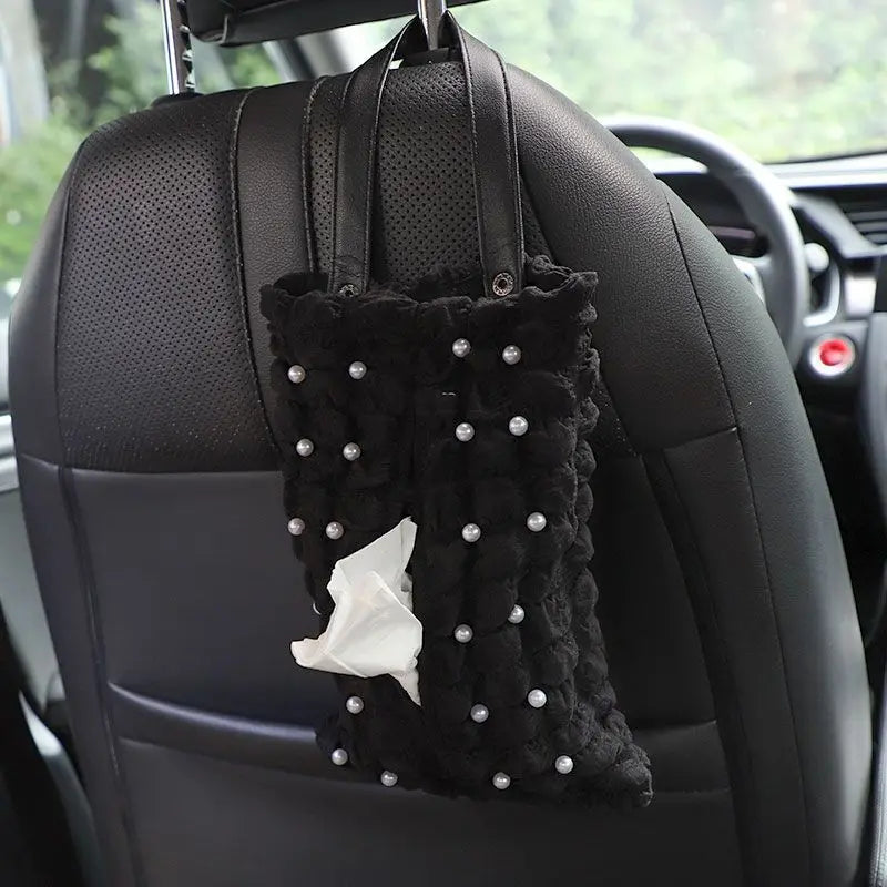Pretty Girl Pearls Puff Grid Car Tissue Box Auto Seat Headrest Hanging Paper Tower Holder Organizer Car Interior Accessories