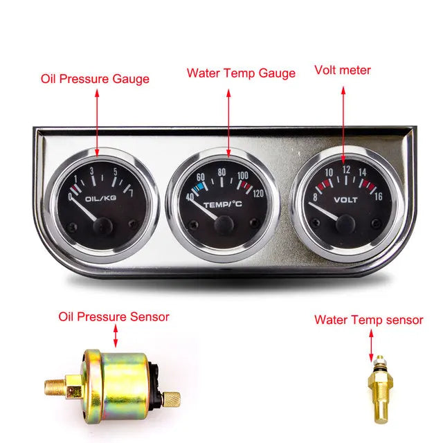 52MM 3 In 1 Oil Pressure Gauge, Volt Meter, and Water Temp Gauge Kit | Triple Meter fo close-up view