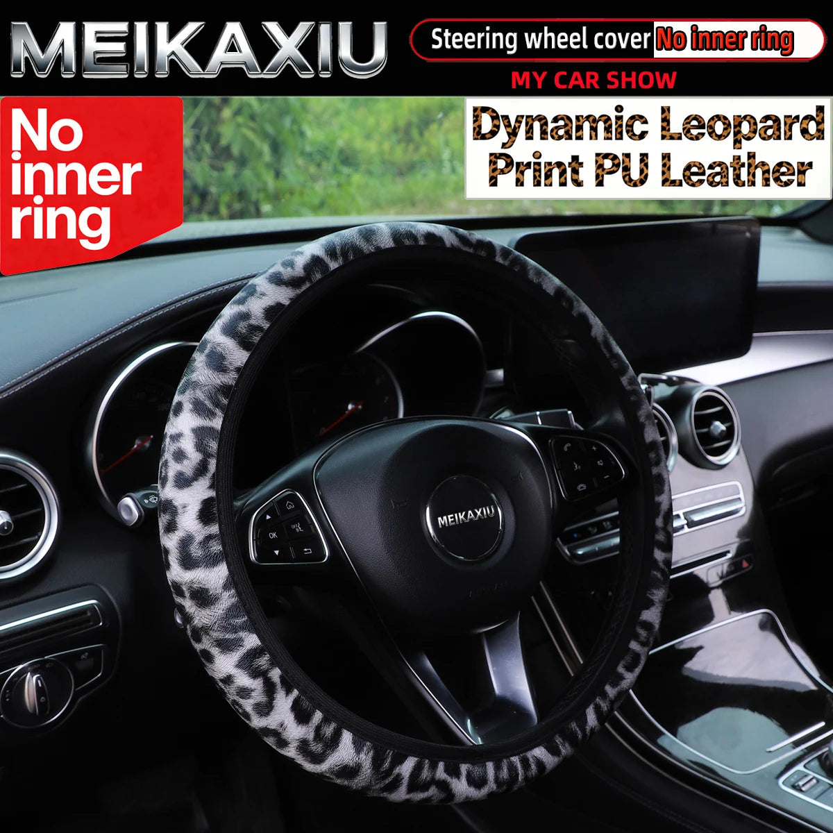 New style Women's Leopard Pattern PU Leather Steering Wheel Cover Car Decoration Rimle close-up view