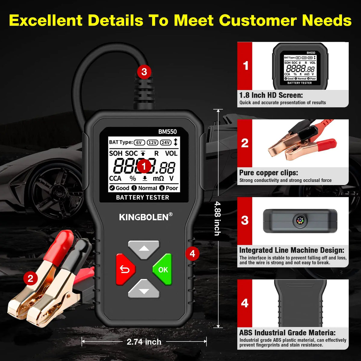 KINGBOLEN BM550 6V 12V 24V Car Battery Tester，Auto Battery Analyzer 100-2000 CCA BM550 Battery Tester, Accurate Digital Automotive Alternator Tester for Cars Trucks SUV ATV Boats Motorcycles
