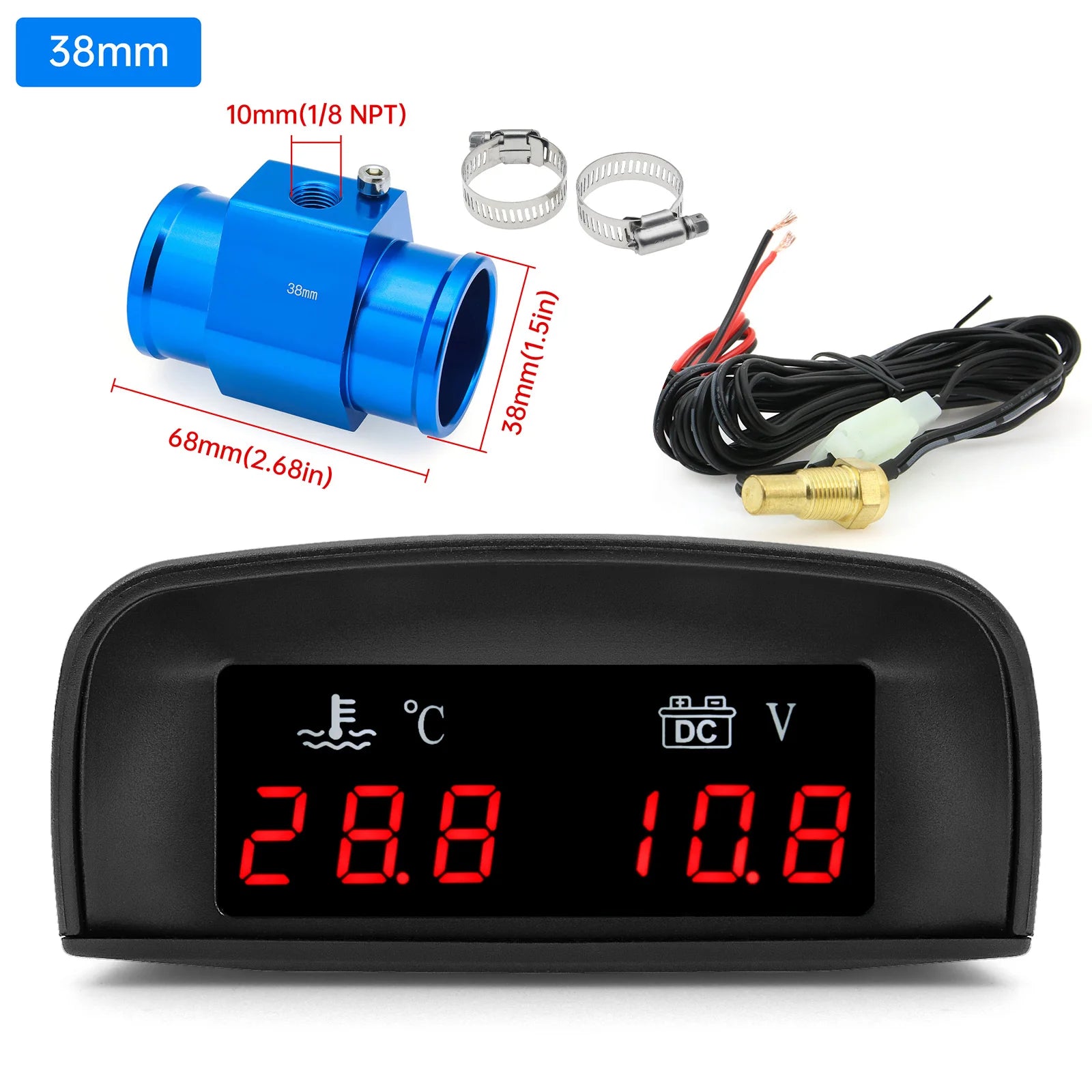 2 In 1 Car Water Temperature and Voltage Gauge | Digital LCD Display with 1/8 NPT Sensor detail view