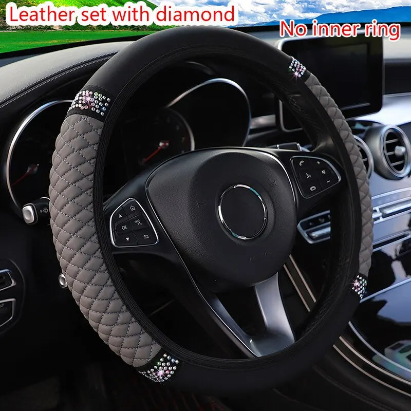 Steering Wheel Cover Without Inner Ring 37-38cm Faux Leather Diamond additional angle