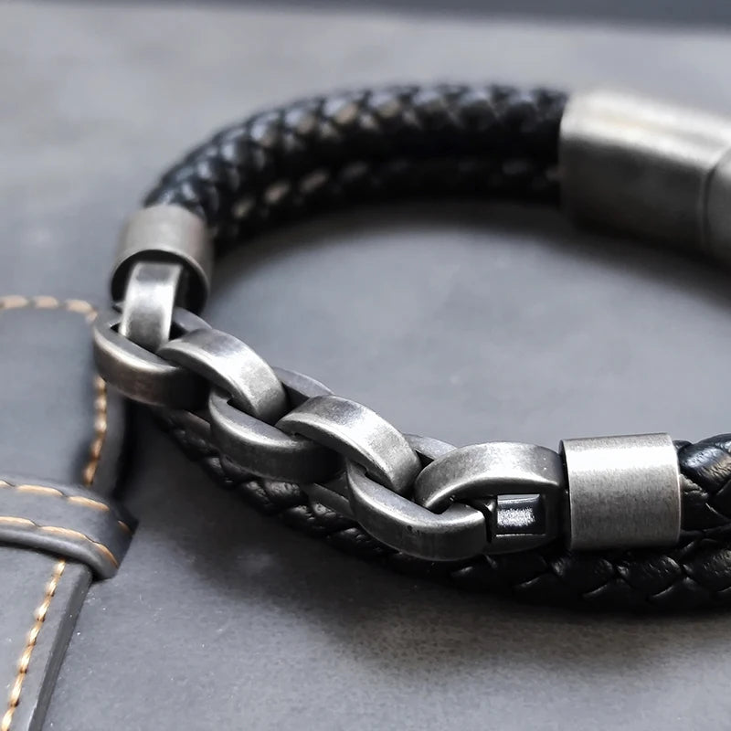2025 Fashion Multi layered Stainless Steel Charm Viking Leather Bracelet Men's Woven lifestyle view