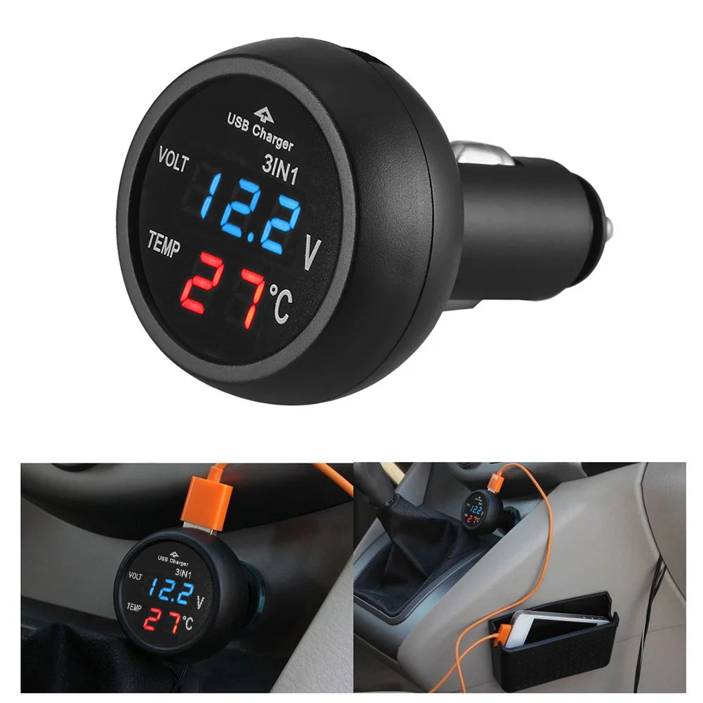3 in 1 Car LED Digital Voltmeter Thermometer USB Charger | 12V/24V Digital Display additional angle