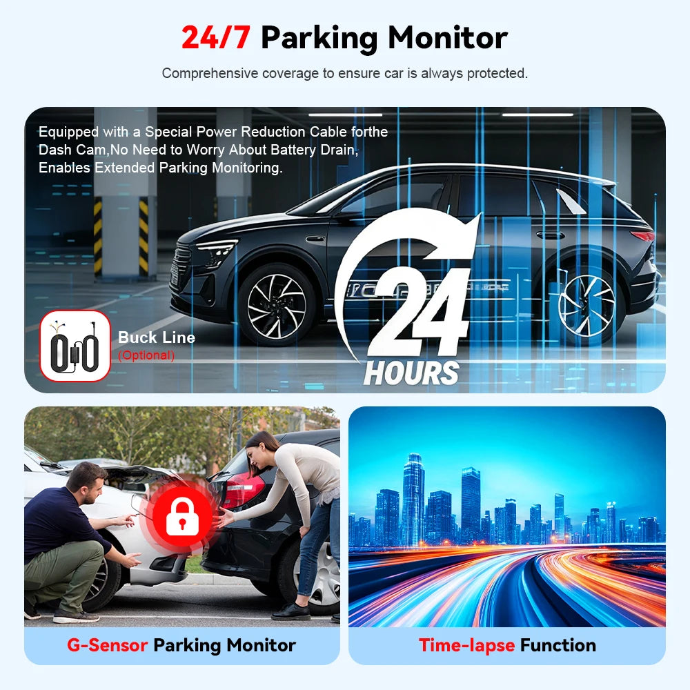 4-Channel Dash Cam | FHD 1080P WiFi Night Vision 24H Parking Black Box additional angle