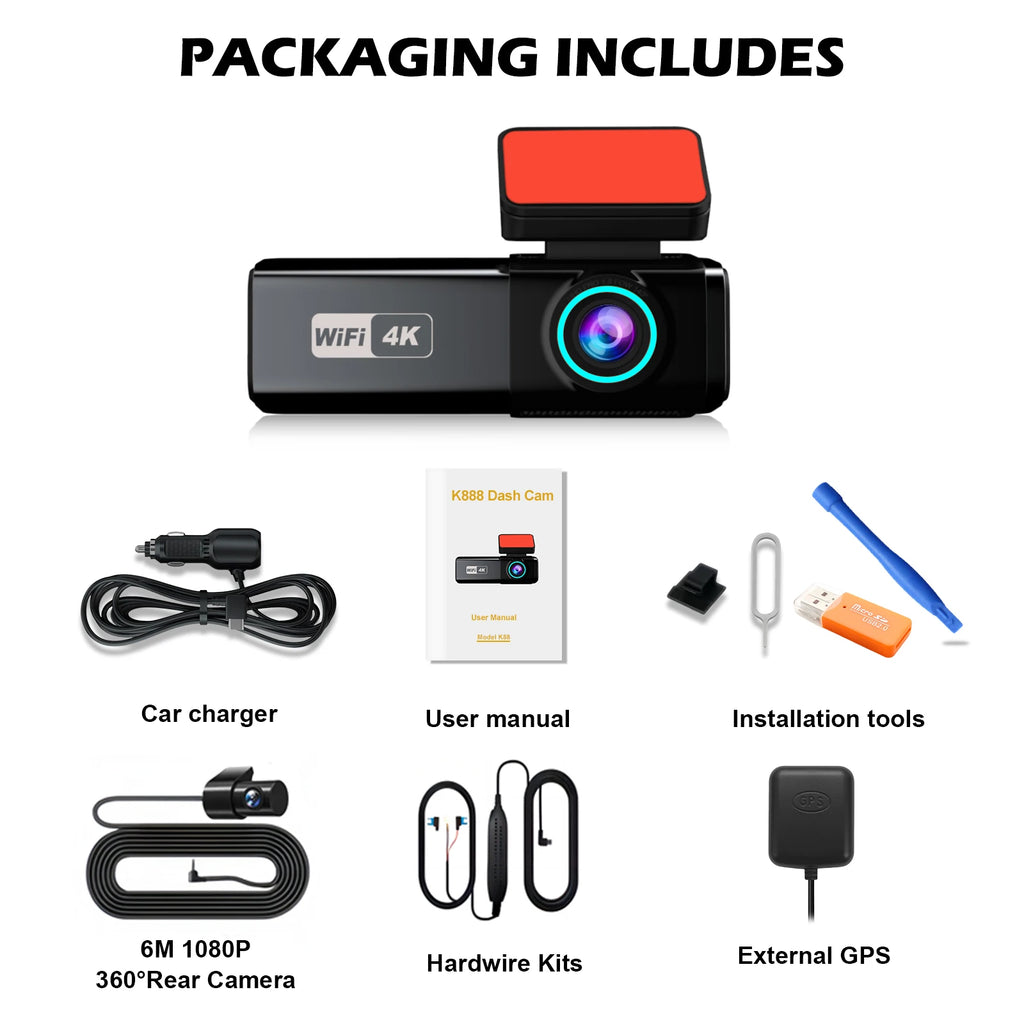 Aprilboy WIFI GPS Car Dash Cam HD 4K Car DVR Front and Rear Dual Lens Auto Car Camera Night Vision G-Sensor 24H Parking Monitor