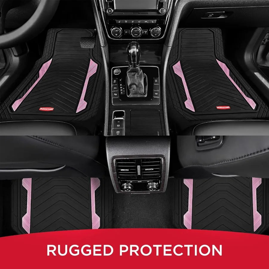 Heavy duty allweather car floor mats with dualtone pink aluminum inserts for universal fit in most SUVs sedans and vans featuri