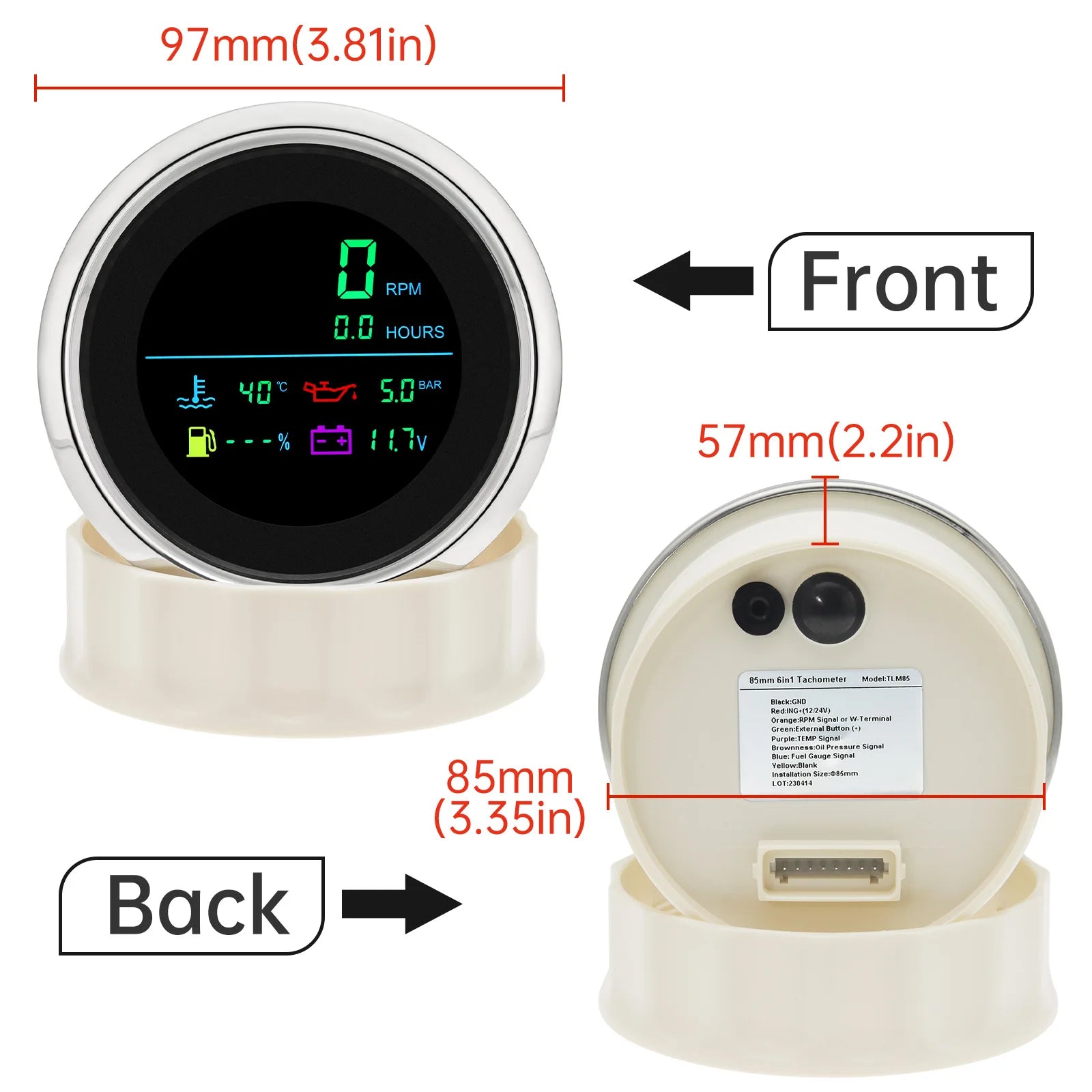 85mm 6 in 1 LCD MultiFunction Gauge | Tachometer Fuel Level Water Temp Oil Pressure Vo close-up view