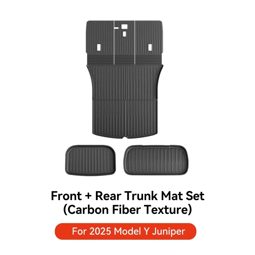 Tesla Model Y Juniper 2025 Floor Mats | Carbon Fiber TPE, Waterproof, Anti-Slip, Trunk close-up view
