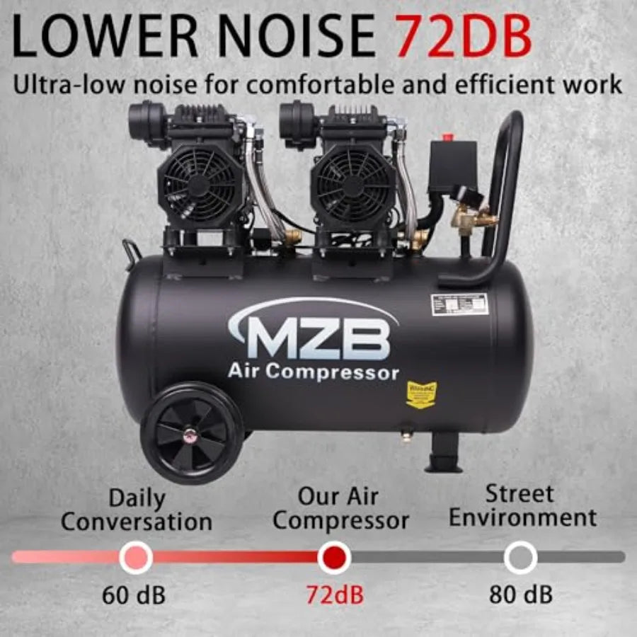 13.2 Gallon Ultra Quiet Air Compressor 115Psi Steel Tank Oil-Free for Tire Inflation Pneumatic Tools Spray Painting 72dB Noise