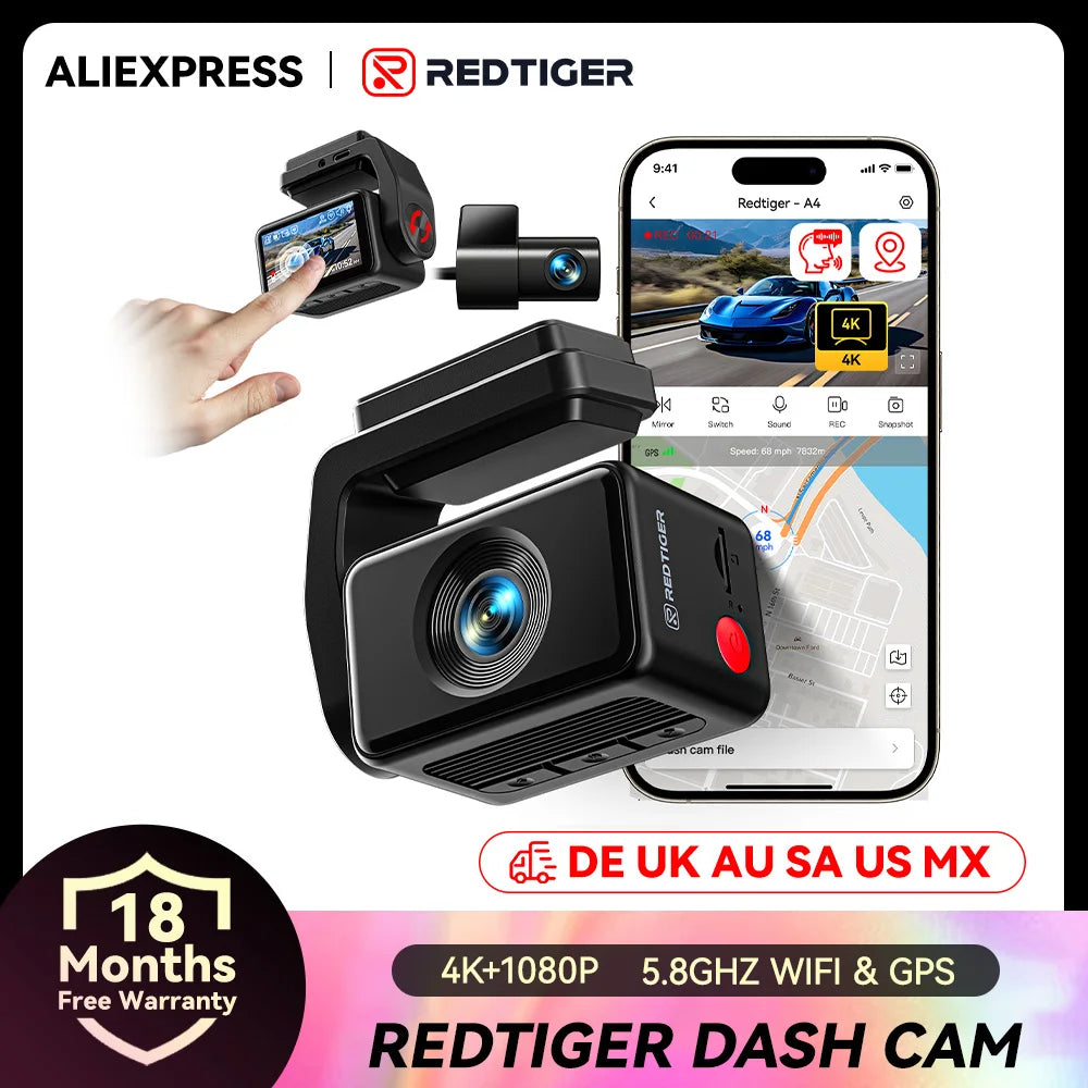 REDTIGER A4 Dash Camera Front and Rear 4k Dash Cam  Drive Recorder for WiFi GPS Car Dvr for 24H Parking Mode Black Box for Car
