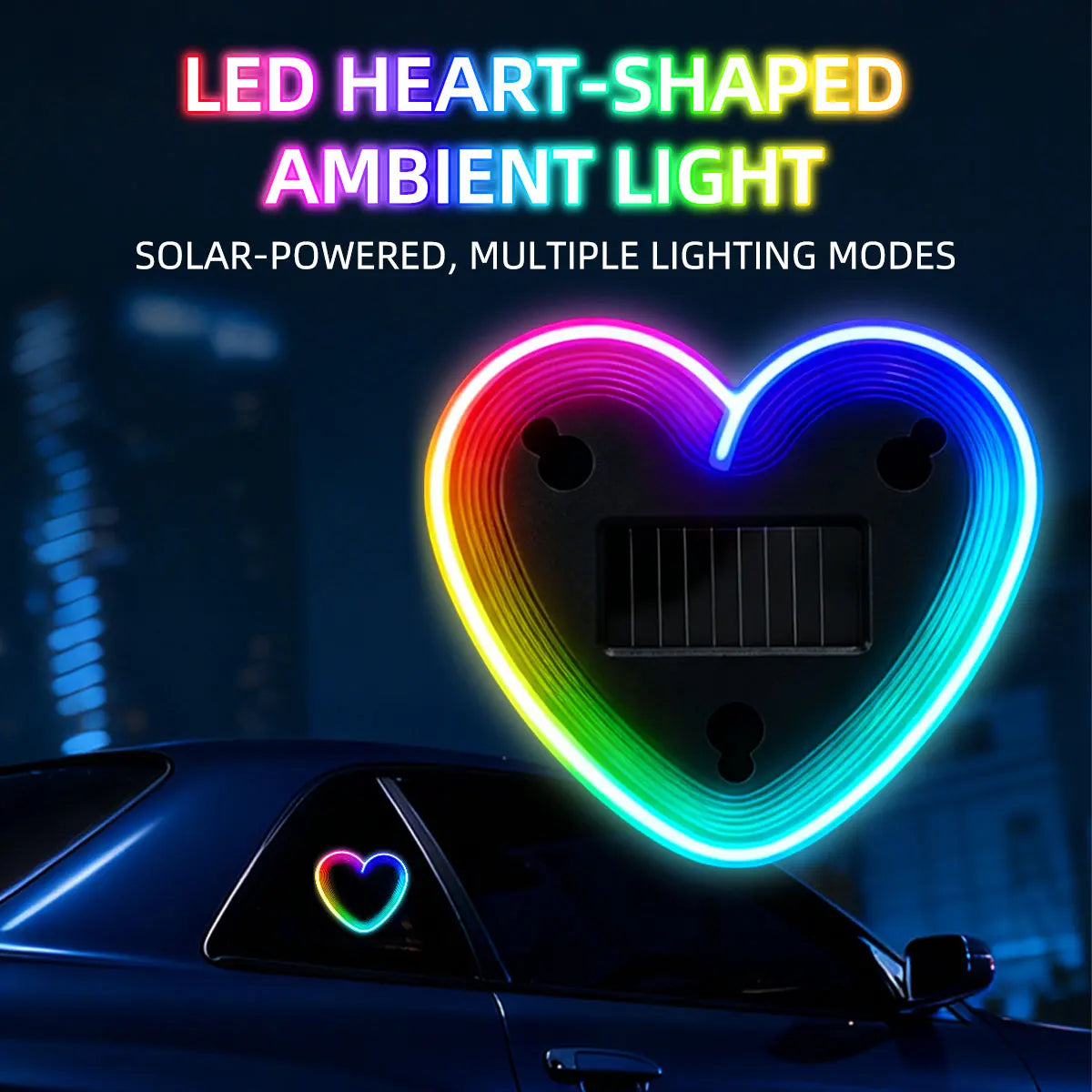 1pc Solar Powered Car Neon Light Striped Heart Lamp Led Ambient Light Wireless Suction C detail view