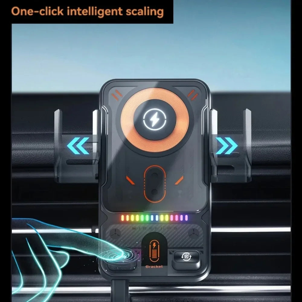 Car Unicersal Air Vent Electric Rotating Opening Closing Phone Holder 15W Wireless Cha close-up view