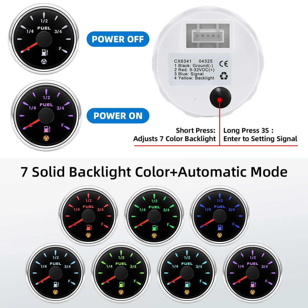 0-190ohm 240-33ohm 0-90ohm Fuel Level Gauge 52mm Car Gauge 7 Color Backlight  With Flashing Alarm for Car Truck Boat