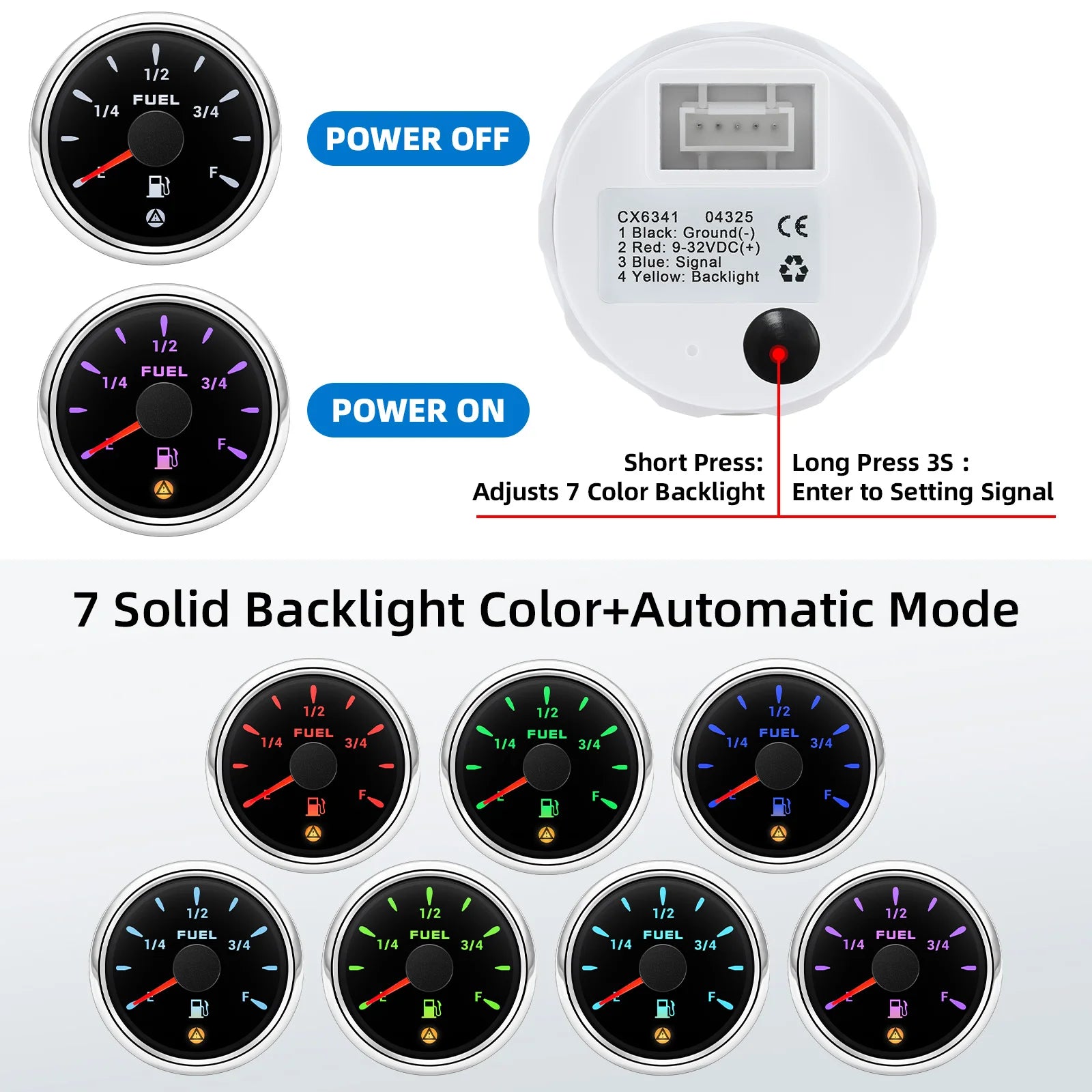 52mm Fuel Level Gauge 7 Color Backlight | 0-190ohm 240-33ohm Car Truck Boat lifestyle view