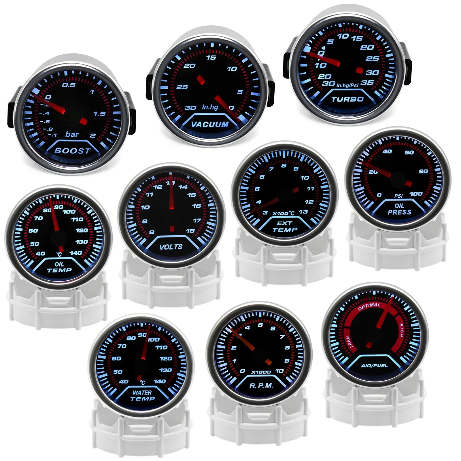 2" 52mm Universal 12V LED Smoke Lens Turbo Boost Gauge Meter | -1~0~2 BAR with White LED Backlight f