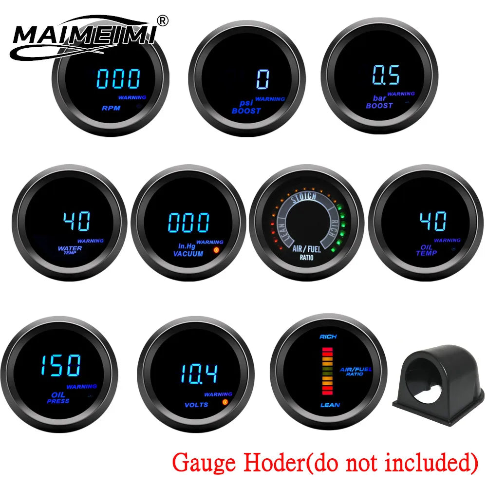 52mm Car Digital Water Temp Oil Temp Turbo Boost Gauge PSI BAR Oil Pressure Gauge Voltmeter Tachometer RPM Meter Holder Optional