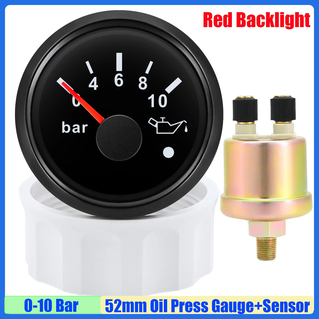 52mm Oil Pressure Gauge with Alarm Red LED 0-5 Bar 0-10Bar Oil Press Meter+Sensor 1/8NPT for Auto Car Marine Yacht 12V24V Custom
