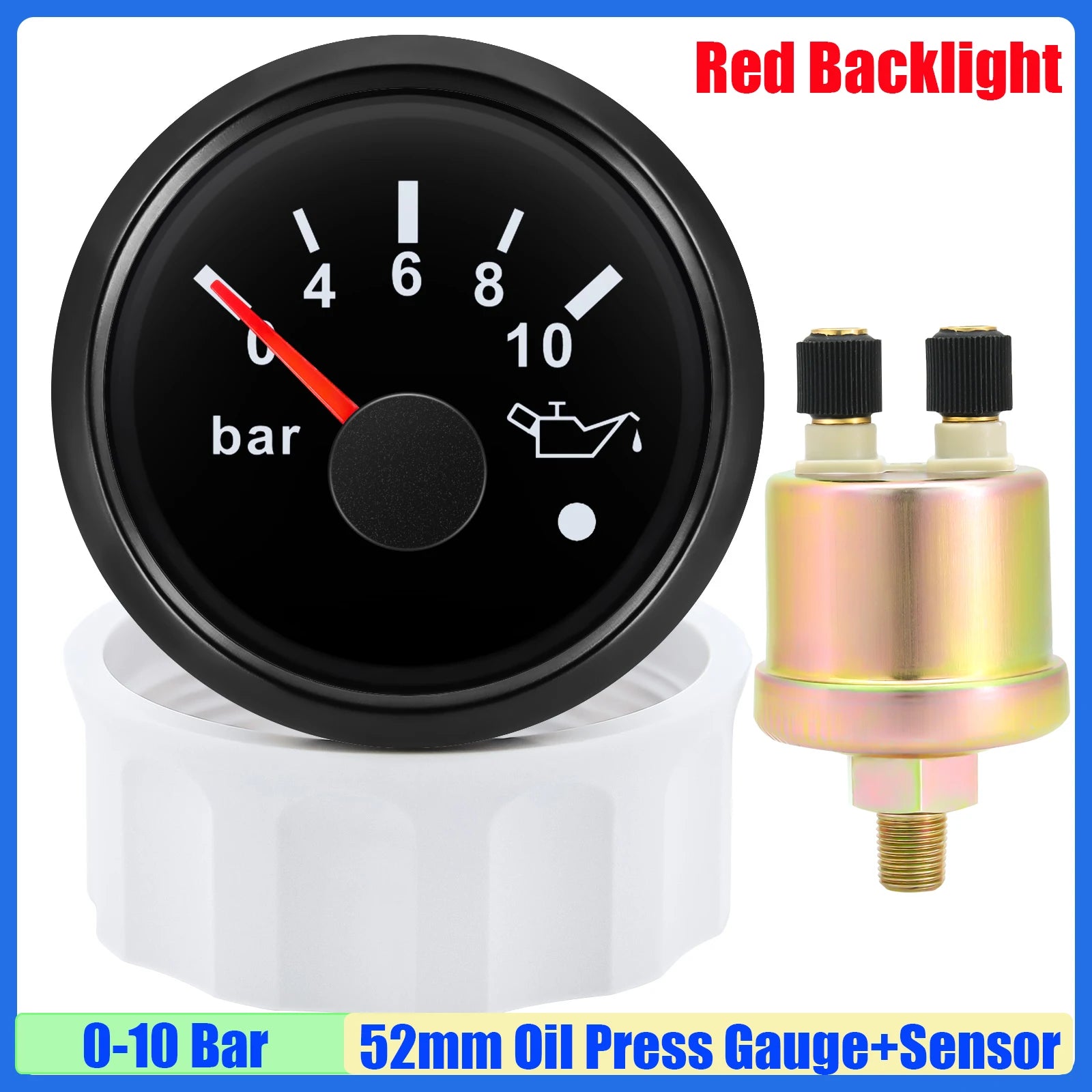 52mm Oil Pressure Gauge with Alarm Red LED | 0-5 Bar 0-10Bar Oil Press Meter with Sen alternate view