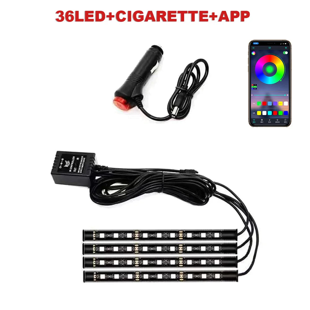 72/48/36 LED RGB Car Foot Ambient Light with USB Cigarette Automotive Interior Ligh additional angle