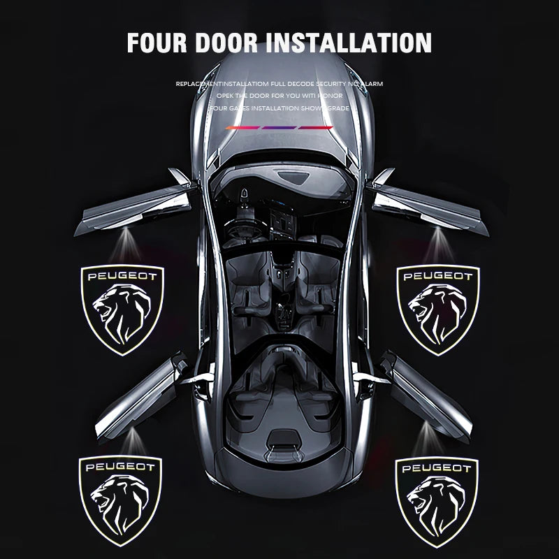 HD LED Welcome Light Car Door Projector Lamps for Peugeot Models | Carbon Fiber Black close-up view