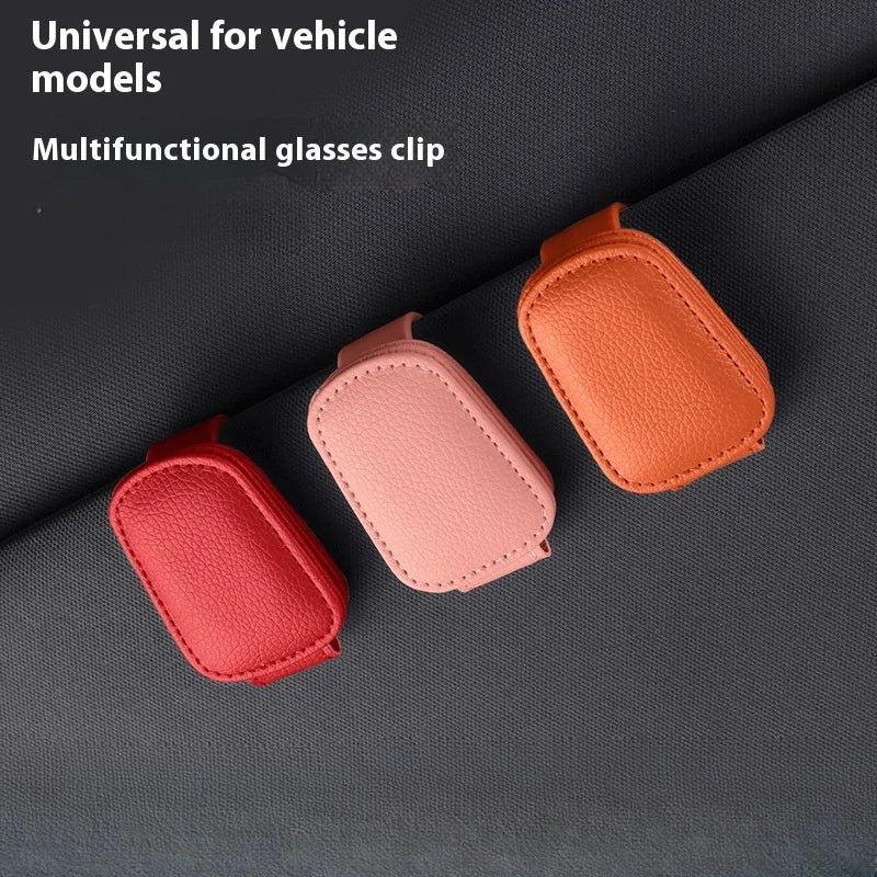 Leather Sunglasses Holder Car Sun Shade Clip close-up view