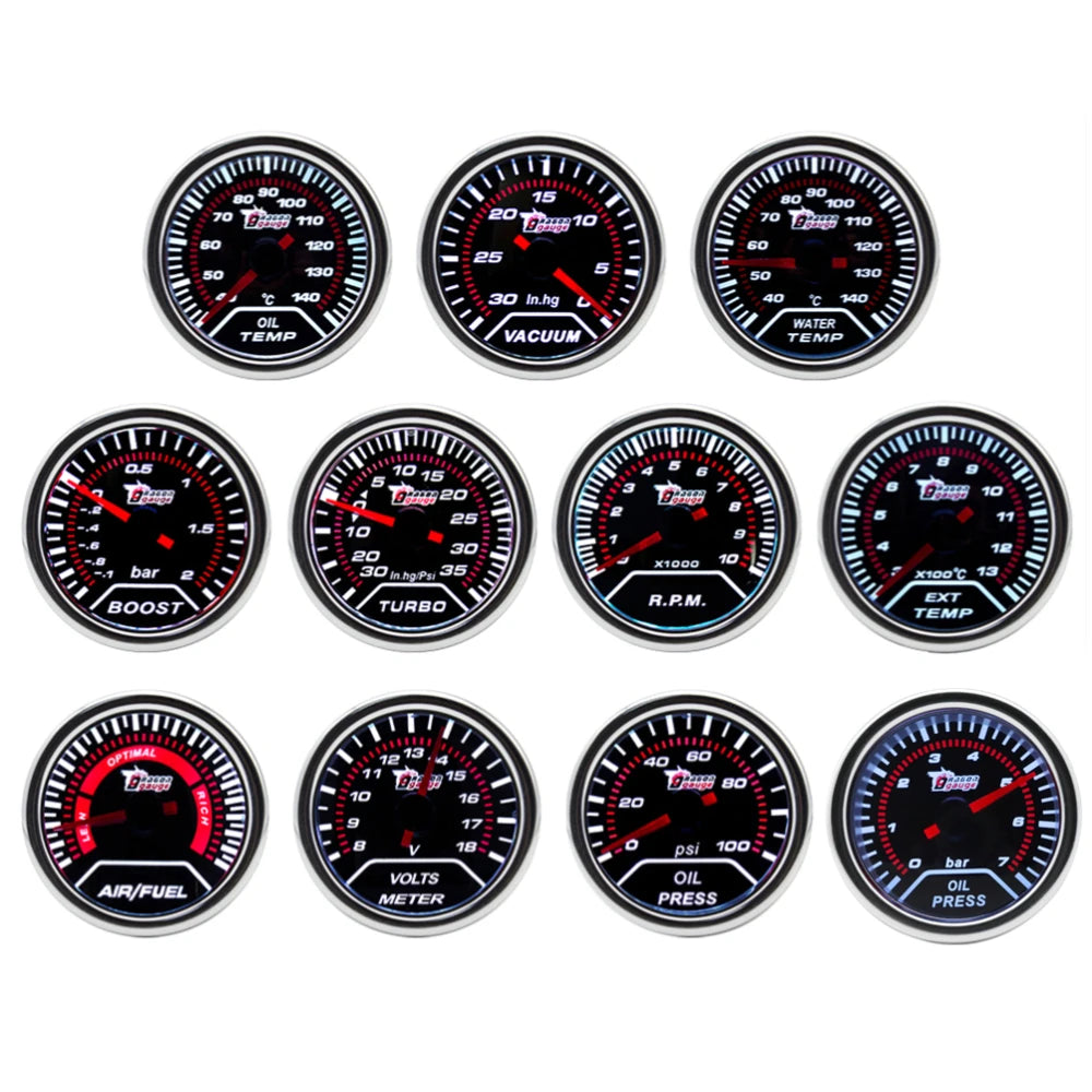 52mm 12V Car Gauge Set | Turbo Boost Oil Temp Water Temp Tachometer
