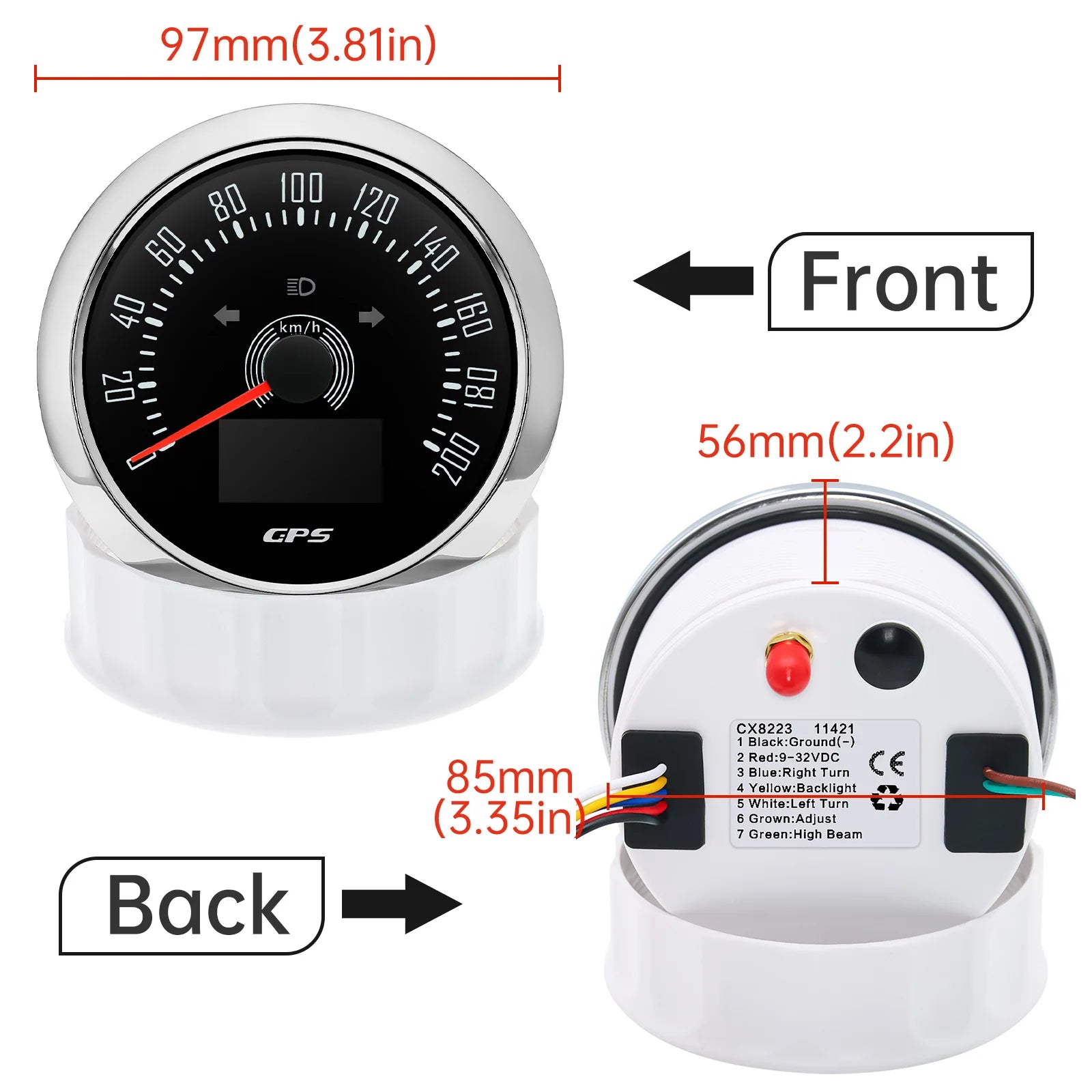 85mm GPS Speedometer 0-160 MPH 0-200 KM/H with 7 Color Backlight | Digital Speed Gauge close-up view