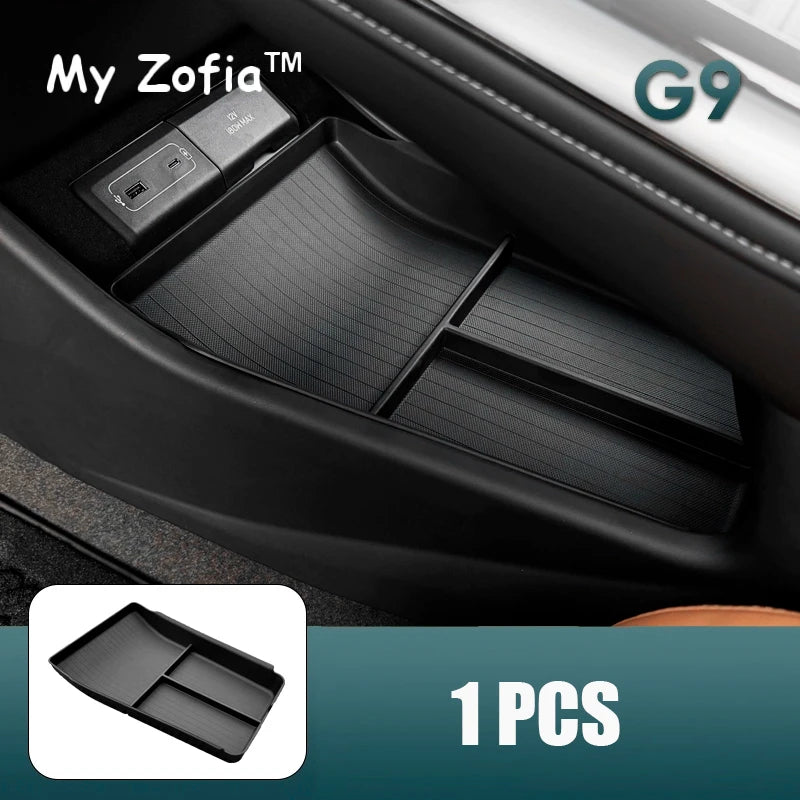 For Xpeng XiaoPeng G9 2023 2024 2025 Car Armrest Storage Box Center Console Organizer close-up view