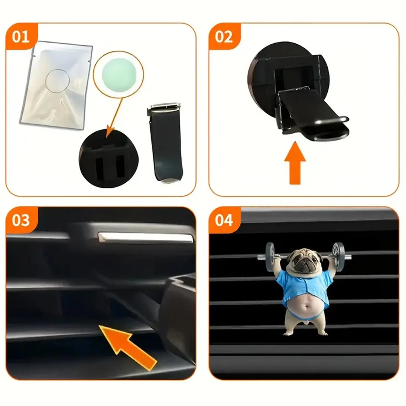 Car Vent Air Freshener Clips 2D Acrylic Weightlifting Dog Shape Fragrance Diffuser Out close-up view
