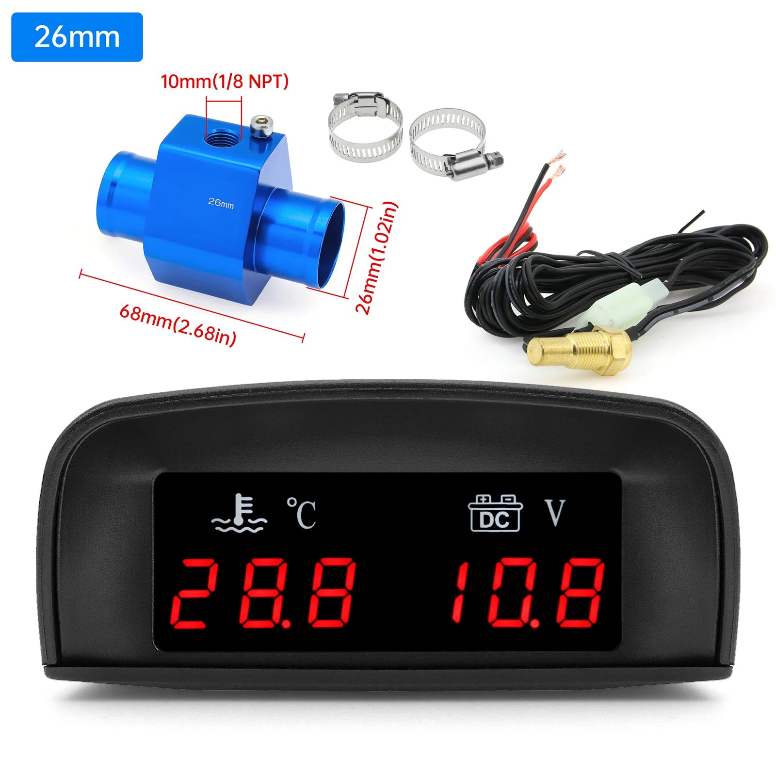 2 In 1 Car Water Temperature and Voltage Gauge | Digital LCD Display with 1/8 NPT S additional angle