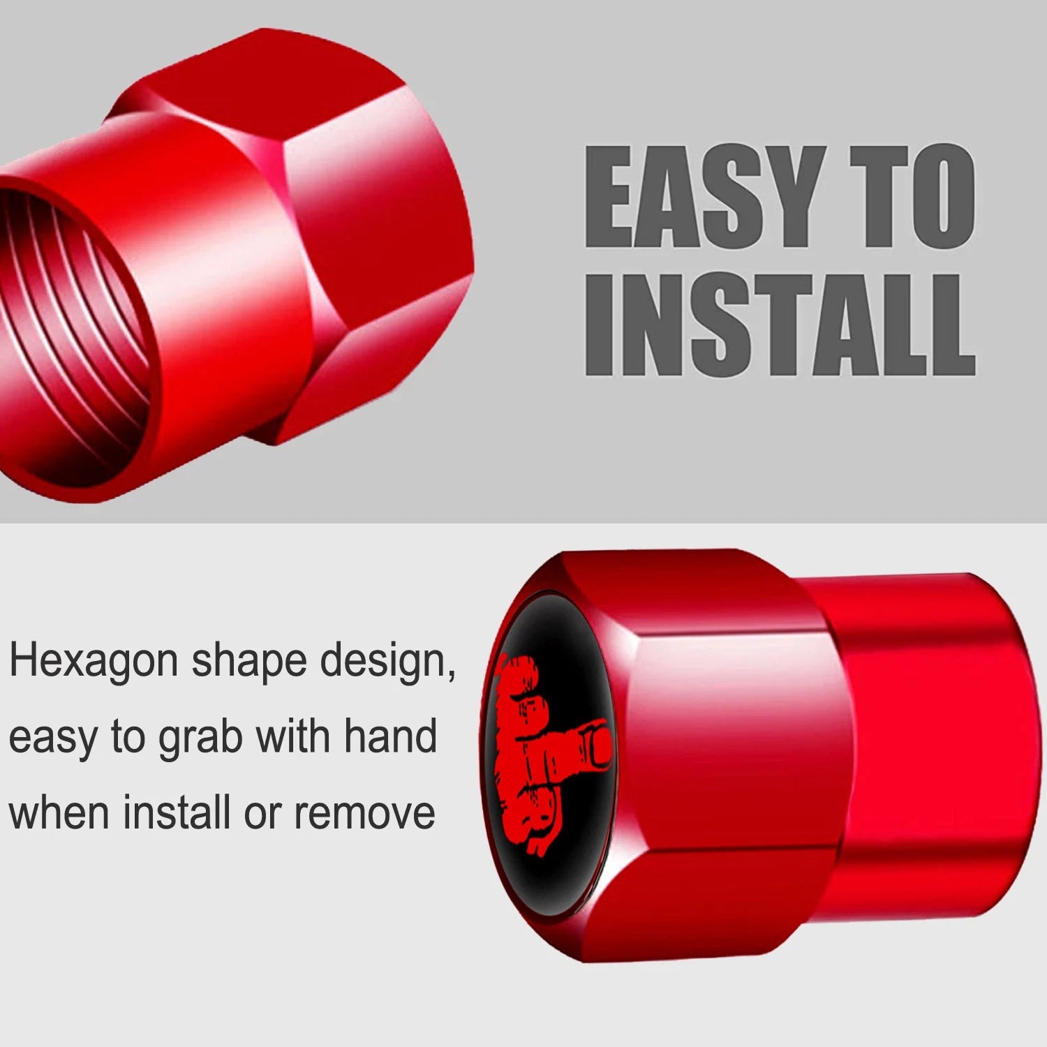 Red Skull Valve Stem Caps | 4-Pack Aluminum Alloy Tire Valve Covers for Cars, Trucks, close-up view