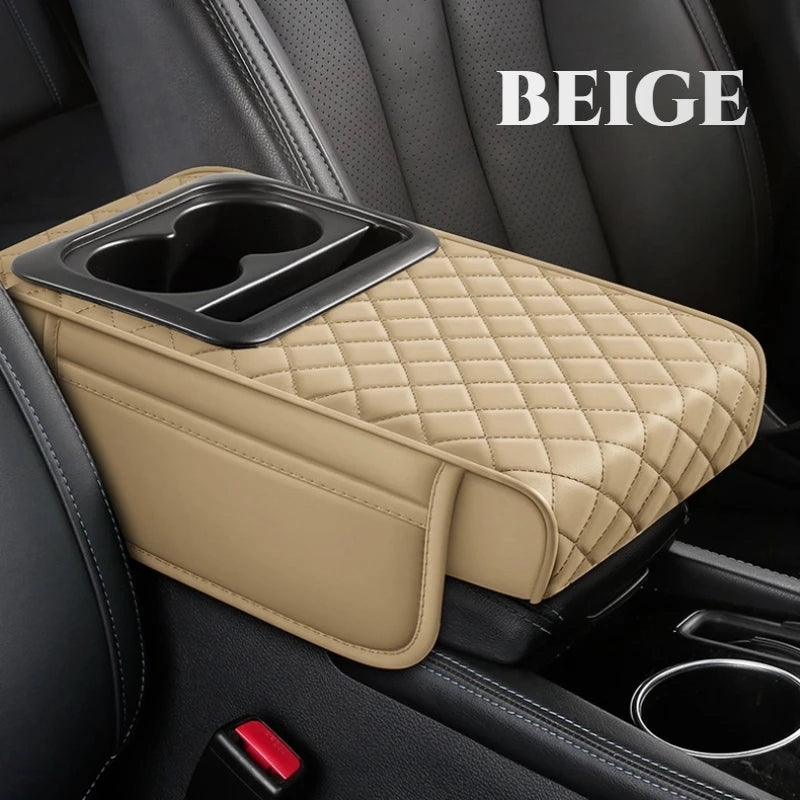 PU Leather Car Center Console Armrest Pad with Dual Pockets, Removable ABS Dual Cup Holder, 20 cm / 7.87 in. Wide