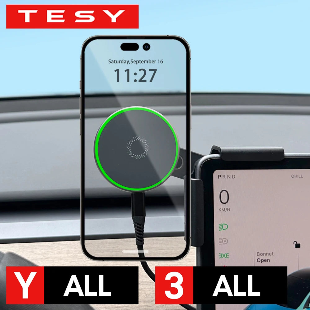 Car Phone Mount Holder 15W Magnetic Wireless Charger | Compatible with MagSafe for Tesla Model Y Jun