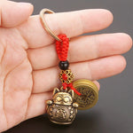 Brass Lucky Cat Keychain with Five Emperor Coins