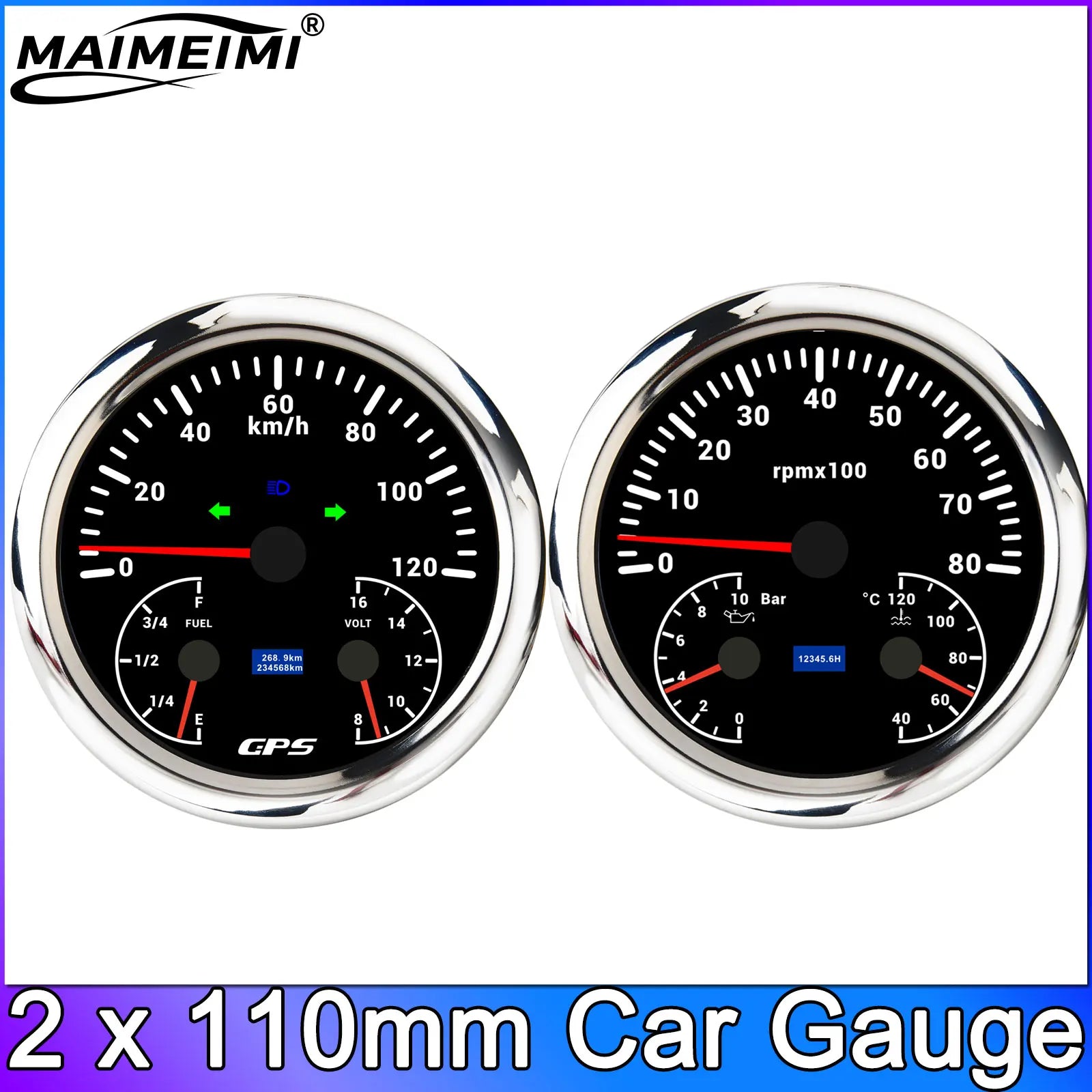 GPS Speedometer and Tachometer Gauge Set | 110mm 0-120kmh with 8000RPM for Car Truck alternate view